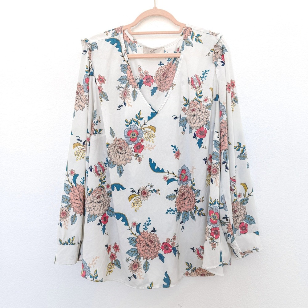 LOFT Womens Blouse Size 24 White Floral Long Sleeve Boho‎ Romantic Lightweight
